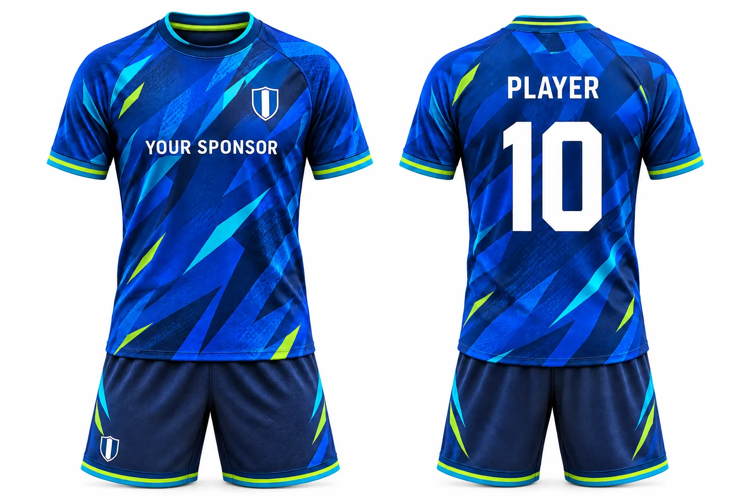 Illustrative sublimated sports kit design — shirt and shorts shown from the front and back